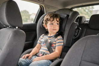 Enfant installé dans un rehausseur auto homologué sur la banquette arrière d'une petite voiture familiale