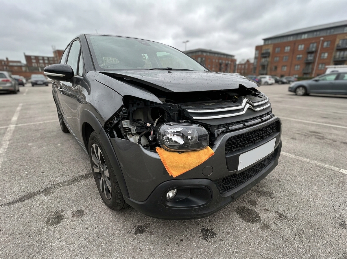 Remplacement du phare avant d'une Citroën C3 avec une pièce détachée neuve posée sur le pare-chocs