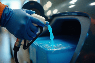 Main gantée versant AdBlue dans le réservoir de voiture