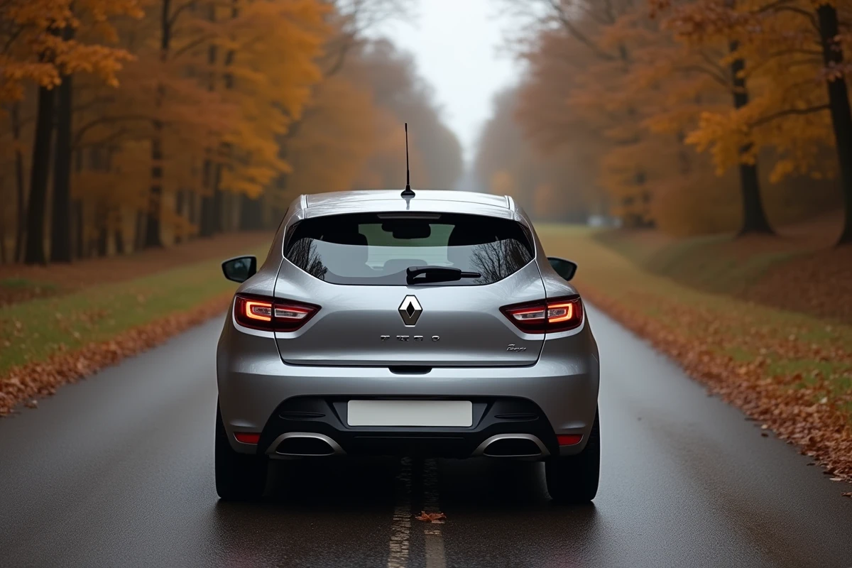 Renault Clio 5 grise sur une route de campagne en automne, vue arrière trois quarts, carrosserie métallique en détail