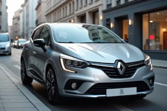 Renault Clio 5 grise garée dans une rue urbaine, vue trois quarts avant, reflets sur la carrosserie métallique