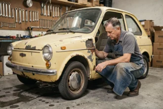Mécanicien inspectant une vieille voiture sans permis des années 1980 dans un garage de restauration