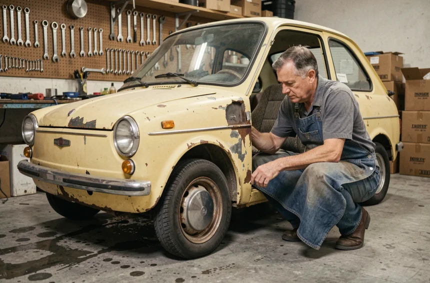 Mécanicien inspectant une vieille voiture sans permis des années 1980 dans un garage de restauration