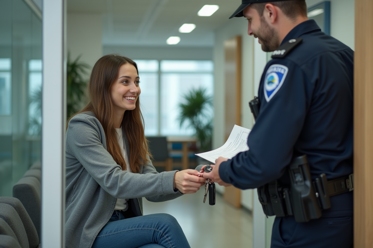Femme civile remettant des clés à un policier dans un bureau