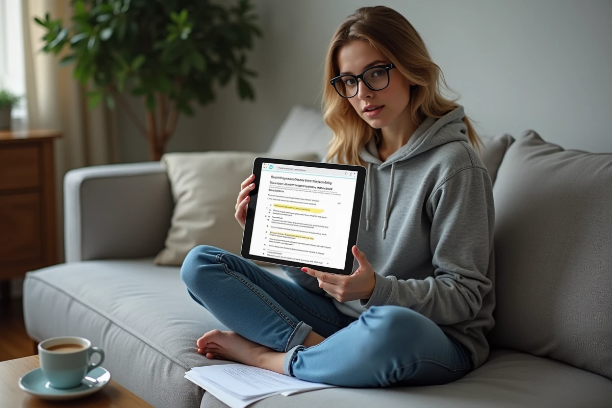Jeune femme révisant les corrections du permis 2026 sur une tablette dans un salon