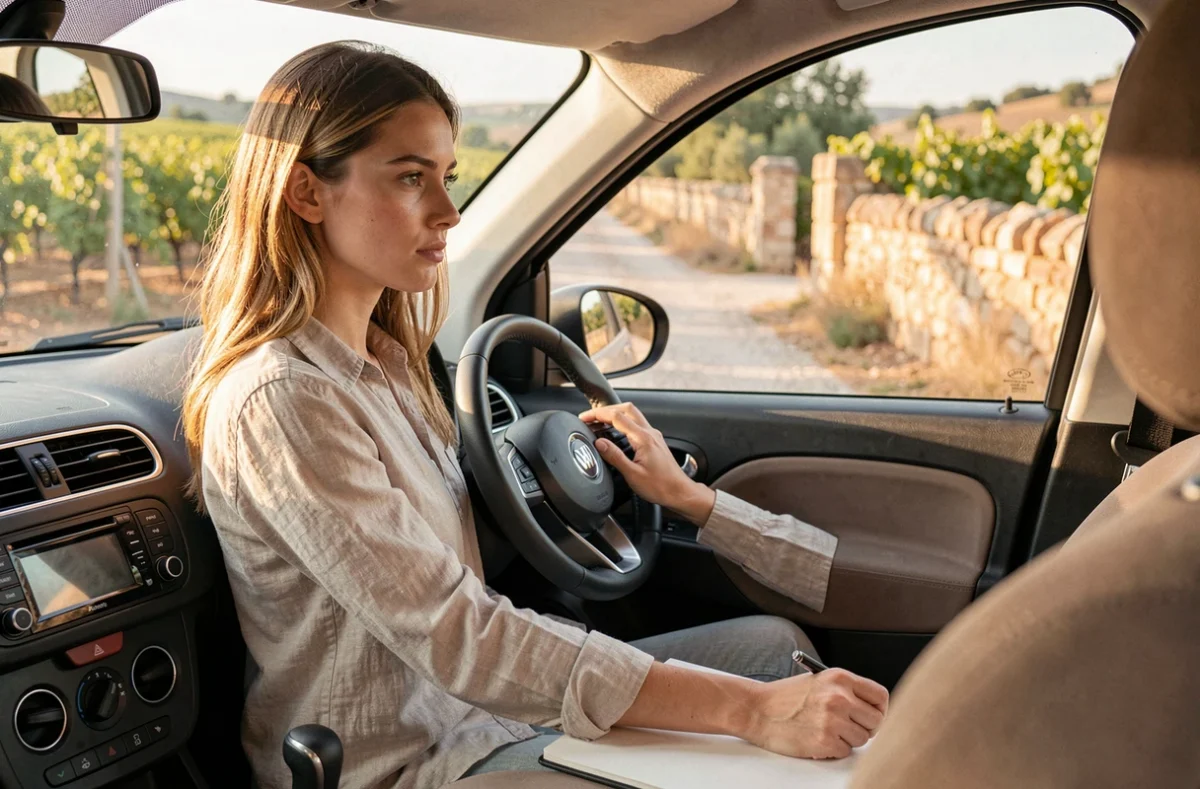 Élève de l'auto-école Rochefort Conduite au volant d'une voiture sur une route de campagne près de Rochefort-du-Gard, vignes visibles en arrière-plan
