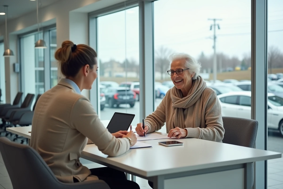 Femme âgée signant un document dans un bureau de concession automobile