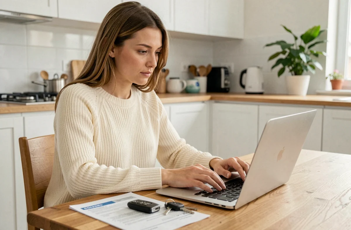 Jeune femme souscrivant une assurance auto immédiate en ligne depuis son domicile