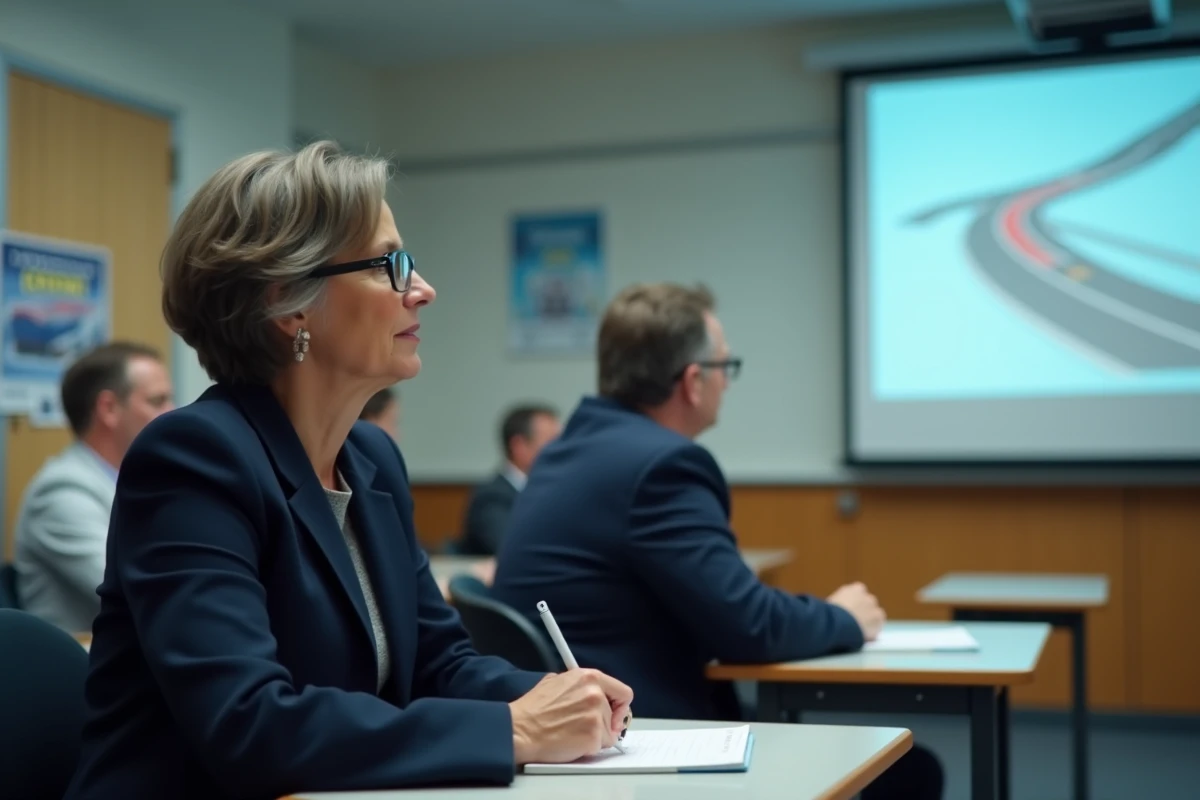Femme adulte participant à un stage de récupération de points de permis de conduire dans une salle de formation