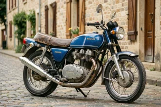 Suzuki GT750 vintage en bon état garée dans une rue pavée de province française, vue 3/4 arrière montrant le moteur trois cylindres et la patine authentique
