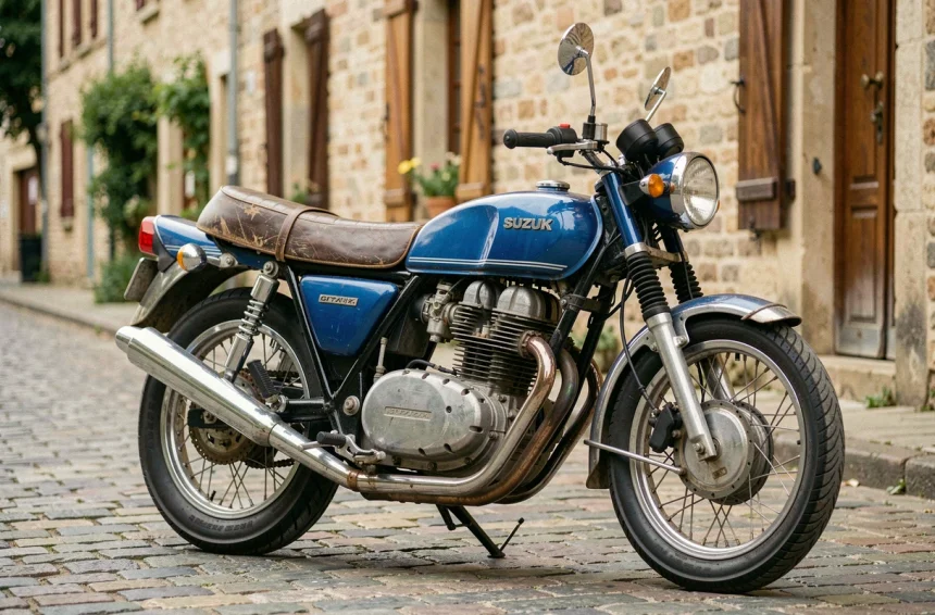 Suzuki GT750 vintage en bon état garée dans une rue pavée de province française, vue 3/4 arrière montrant le moteur trois cylindres et la patine authentique