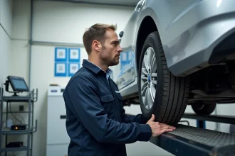 Technicien automobile inspectant le dessous d'une voiture lors d'un contrôle technique obligatoire dans un centre agréé