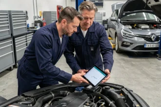 Technicien automobile analysant la consommation moteur d'une Renault à essence avec une tablette de diagnostic dans un atelier moderne