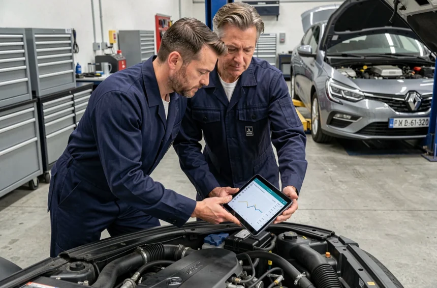 Technicien automobile analysant la consommation moteur d'une Renault à essence avec une tablette de diagnostic dans un atelier moderne