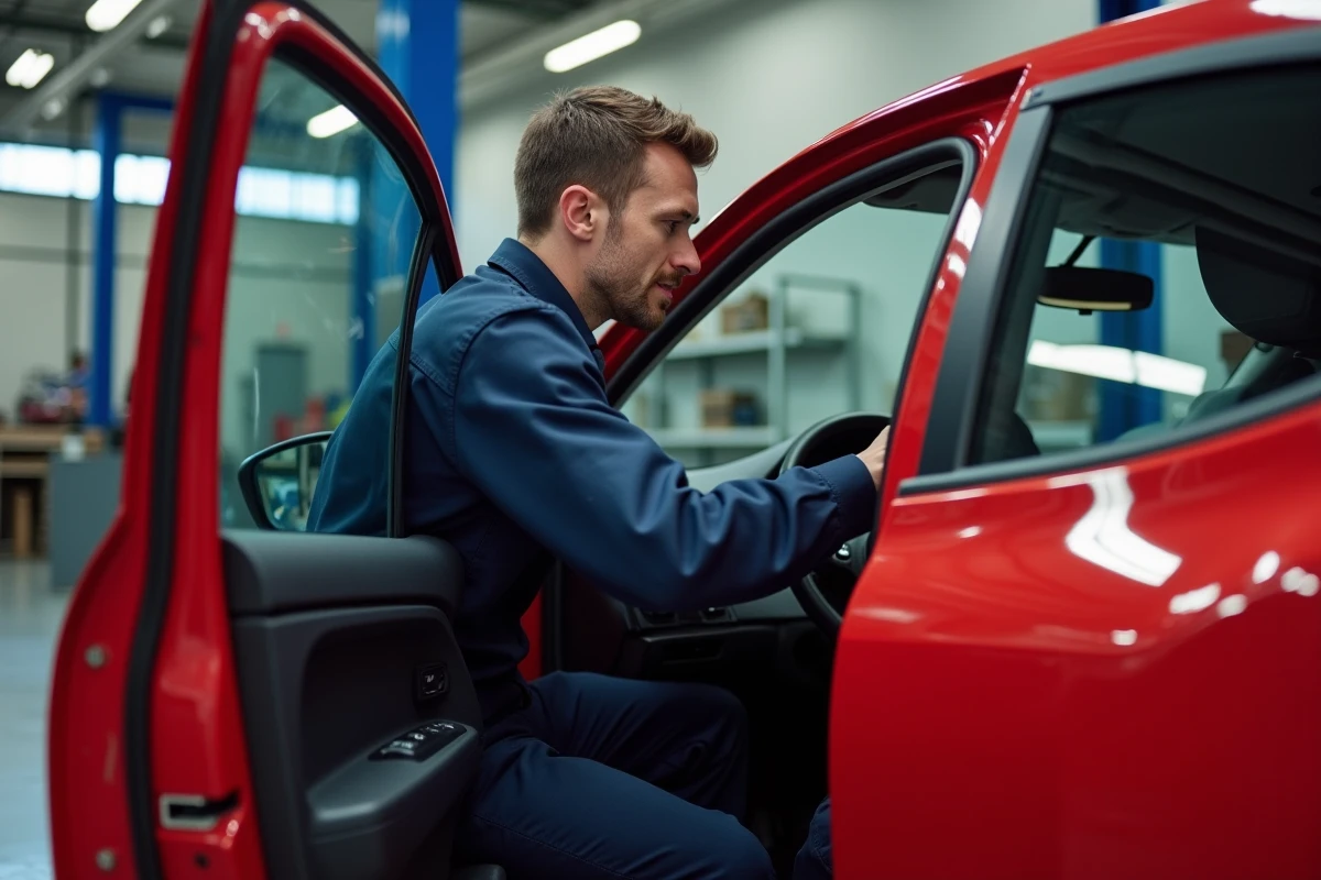 Technicien automobile inspectant le tableau de bord d'une Renault Clio II dans un garage professionnel