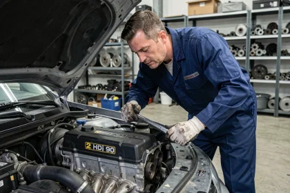 Technicien automobile inspectant un moteur 2 HDi 90 reconditionné dans un atelier mécanique professionnel