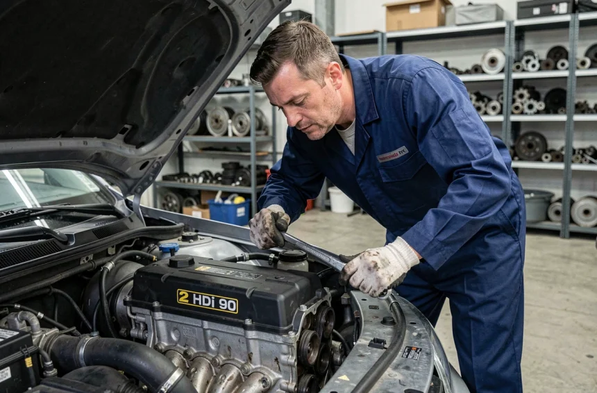 Technicien automobile inspectant un moteur 2 HDi 90 reconditionné dans un atelier mécanique professionnel