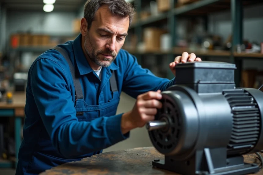 Technicien en overalls examine un moteur électrique