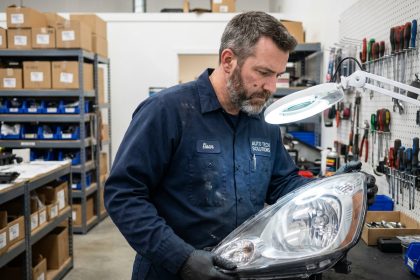 Technicien automobile tenant un phare avant neuf pour Citroën C3 dans un atelier de pièces détachées