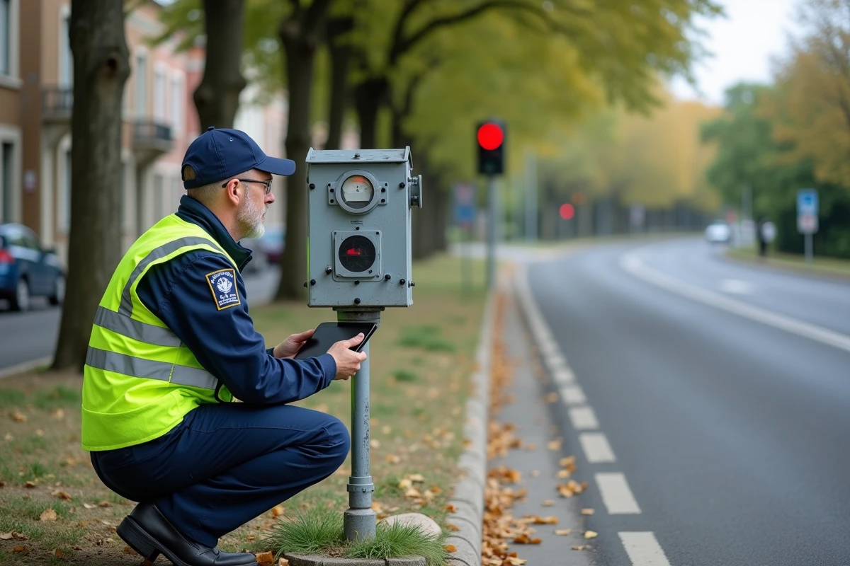 Technicien de la sécurité routière inspectant un boîtier radar au bord d'une route suburbaine française
