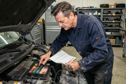 Technicien automobile consultant le schéma fusible d'un Renault Scenic 2 dans un garage professionnel