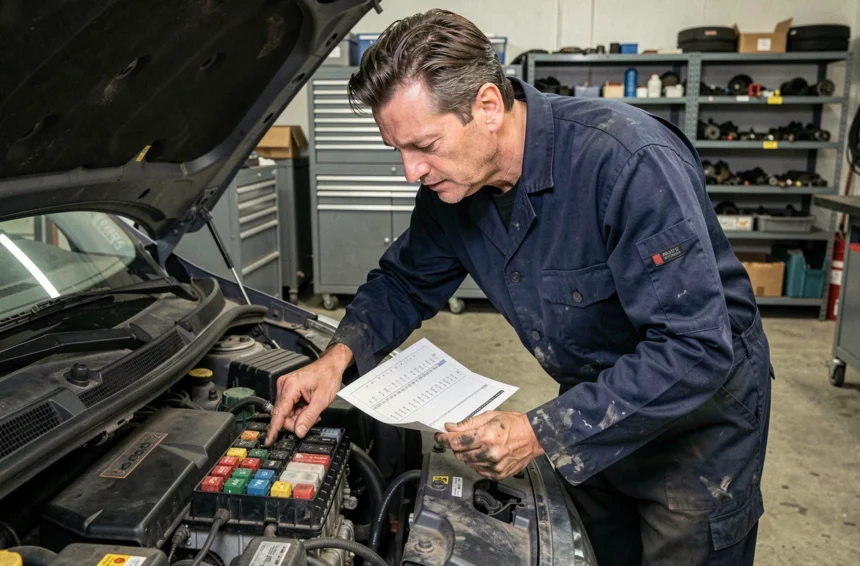 Technicien automobile consultant le schéma fusible d'un Renault Scenic 2 dans un garage professionnel