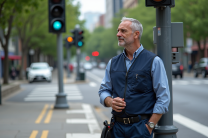 Technicien de traffic vérifiant une boîte de contrôle urbaine