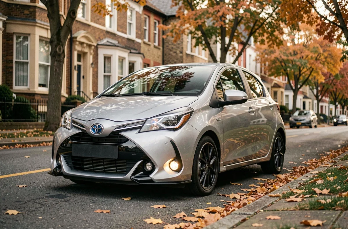 Toyota Yaris Sport argentée garée dans une rue résidentielle bordée d'arbres en automne