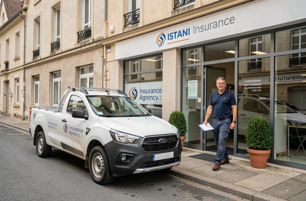 Artisan du BTP avec un véhicule utilitaire devant une agence d'assurance pour souscrire une assurance voiture professionnelle