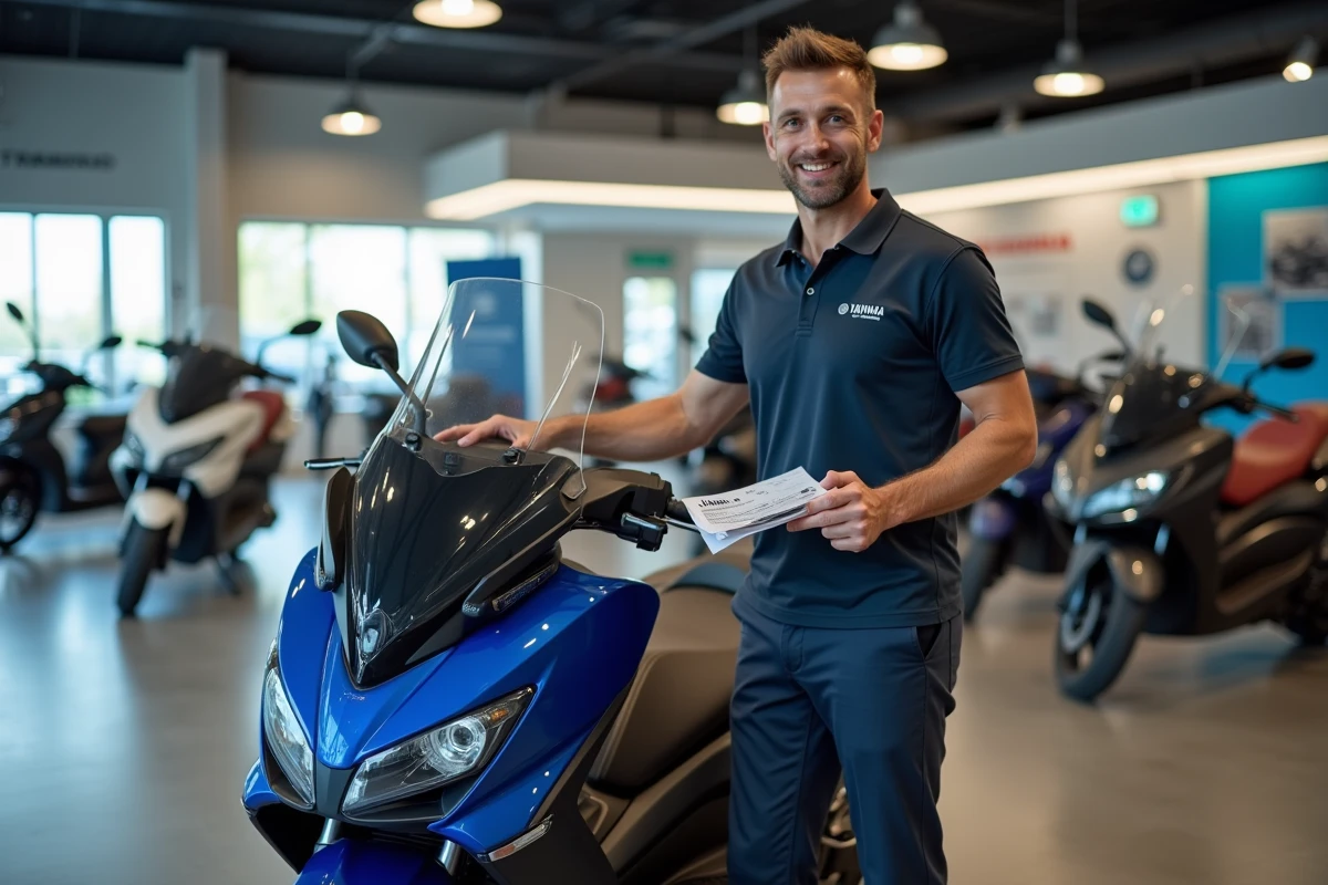 Vendeur de moto présentant le prix du TMAX 750 dans une concession Yamaha officielle