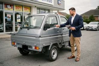 Vendeur présentant une voiture sans permis pick-up dans un espace de vente avec tarifs affichés