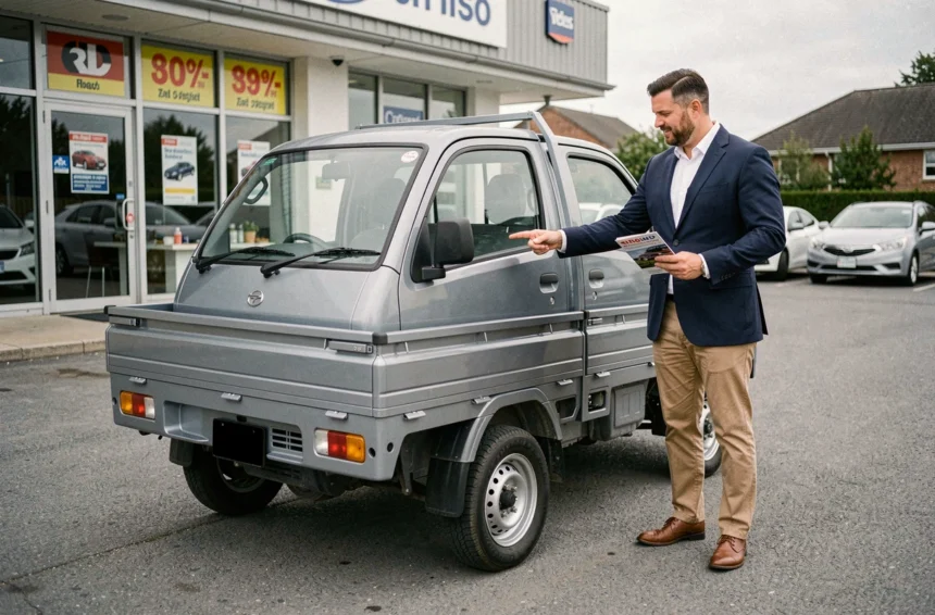 Vendeur présentant une voiture sans permis pick-up dans un espace de vente avec tarifs affichés