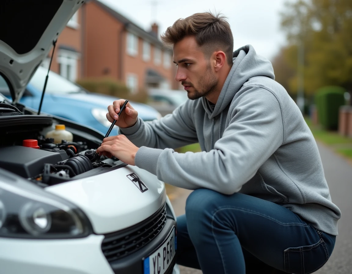 Propriétaire vérifiant le niveau d'huile moteur de sa Peugeot 208 essence avec une jauge dans une allée résidentielle