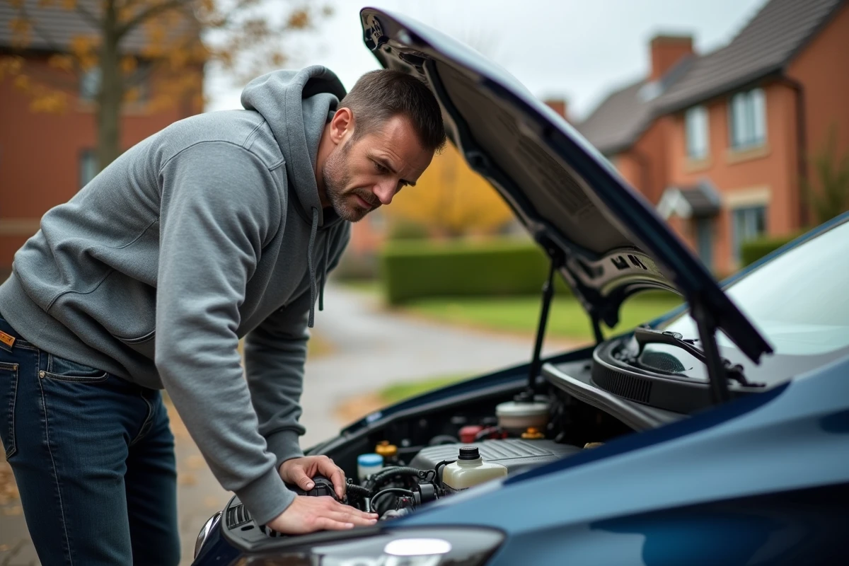 Propriétaire vérifiant le niveau d'huile sur un moteur 1.6 HDi avec un additif diesel posé sur le capot
