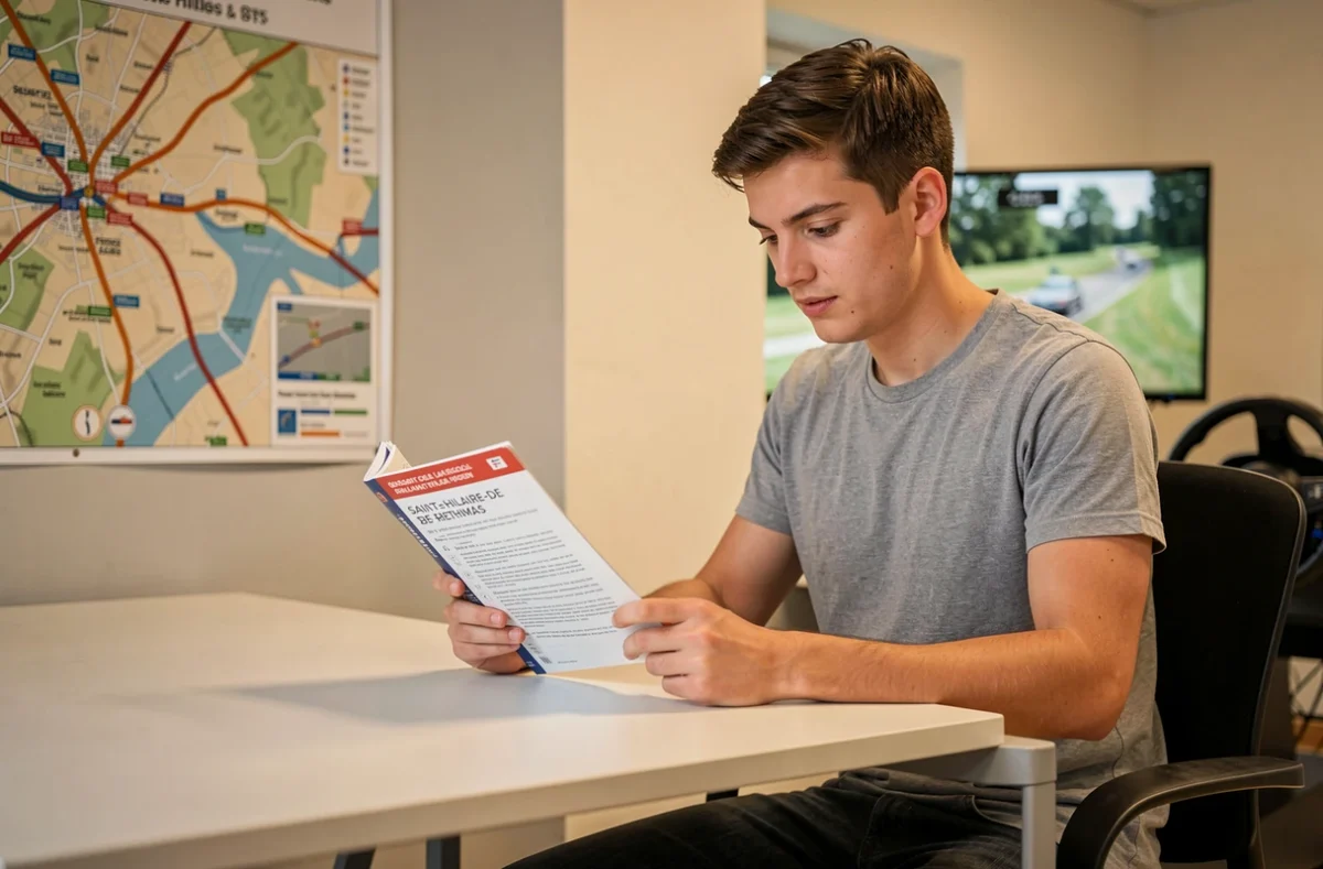 Élève de l'auto-école VERO à Saint-Hilaire-de-Brethmas étudiant le code de la route dans une salle de cours avec carte routière au mur