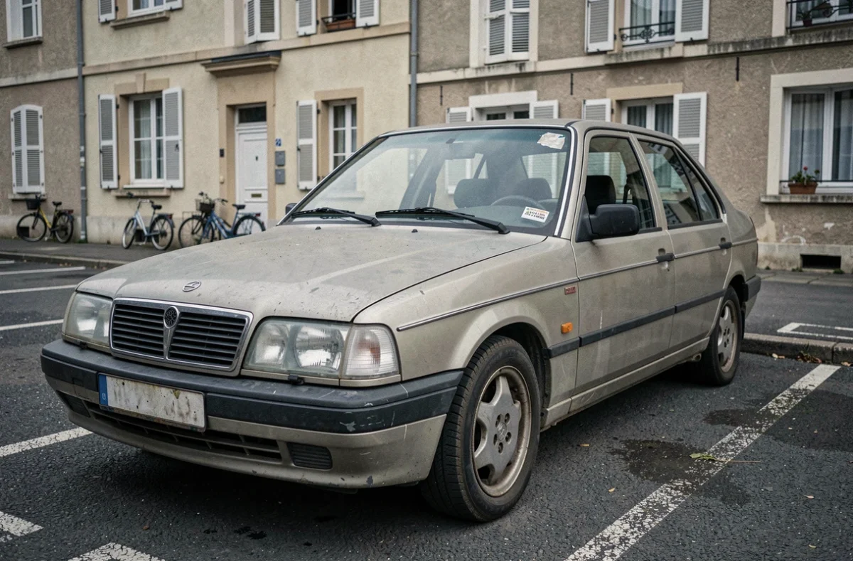 Vieille voiture diesel garée dans un parking résidentiel français, peinture usée et détails d'un véhicule âgé en zone urbaine
