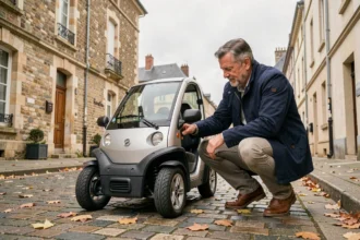 Homme inspectant une voiture sans permis d'occasion garée dans une rue d'Angers