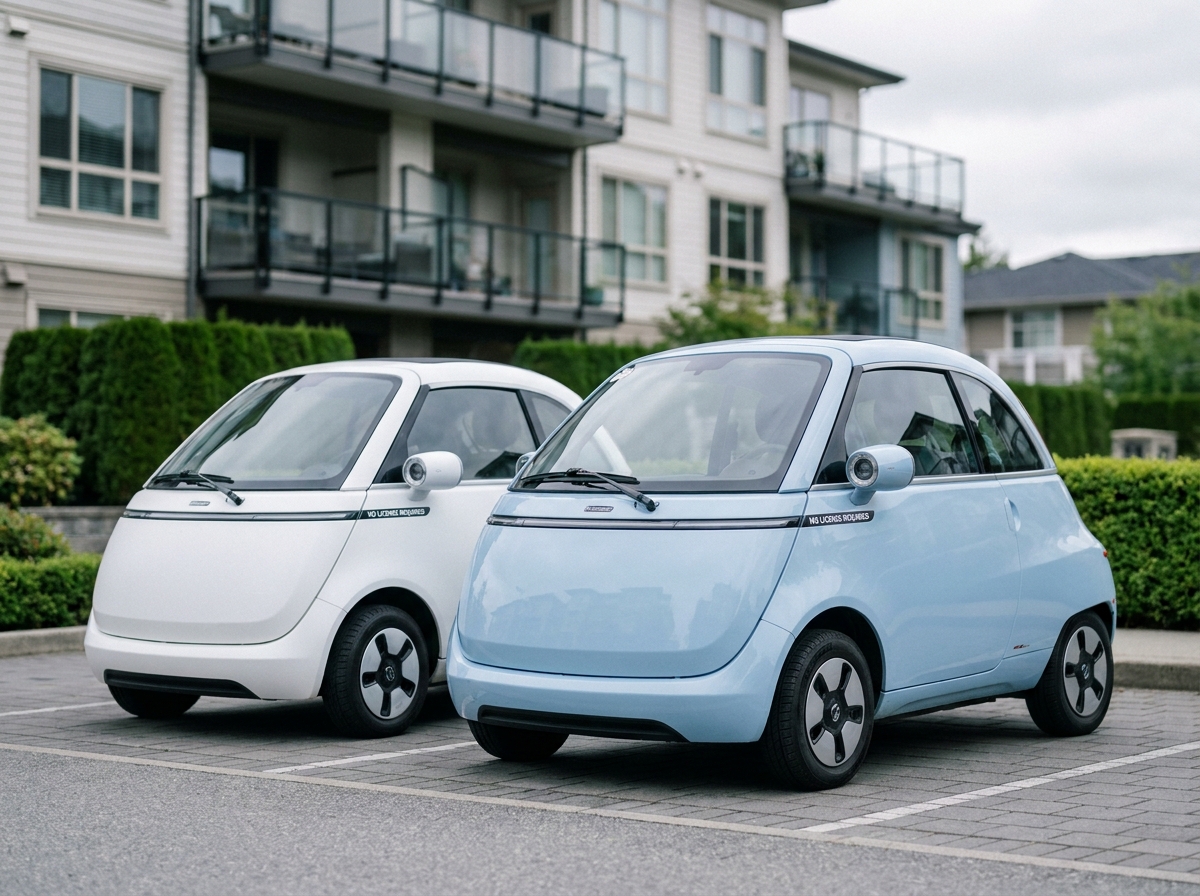 Deux voitures sans permis électriques compactes garées dans un parking de banlieue moderne