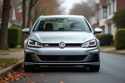 Volkswagen Golf garée dans une rue résidentielle, vue 3/4 avant illustrant la consommation économique des voitures de marque en V