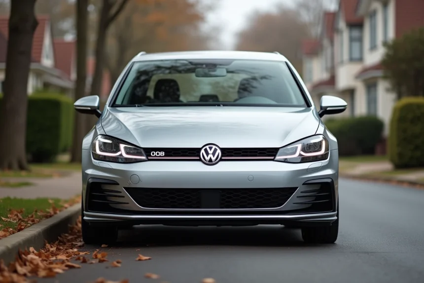 Volkswagen Golf garée dans une rue résidentielle, vue 3/4 avant illustrant la consommation économique des voitures de marque en V