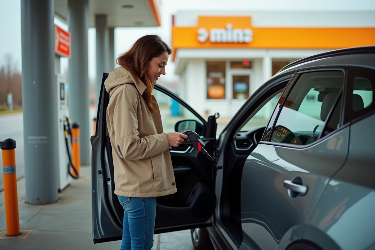 Femme faisant le plein d'un Volvo XC40 dans une station-service moderne, illustrant la faible consommation de carburant des SUV de marque en V
