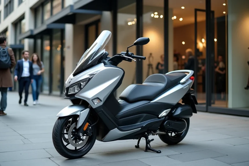 Yamaha TMAX 750 garé devant une concession moto moderne en milieu urbain, vue trois quarts avant